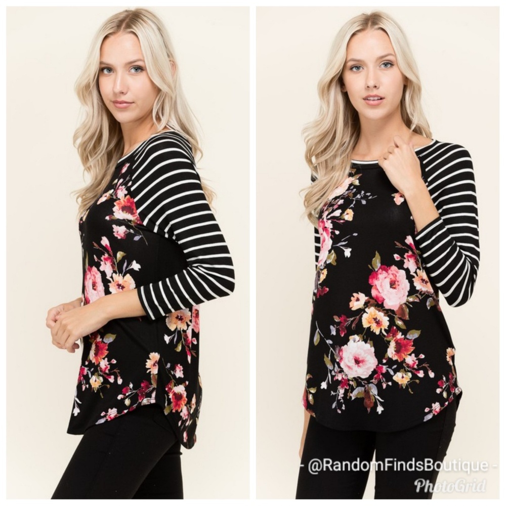 🇺🇸MADE IN USA 🇺🇸 Black floral stripes top
